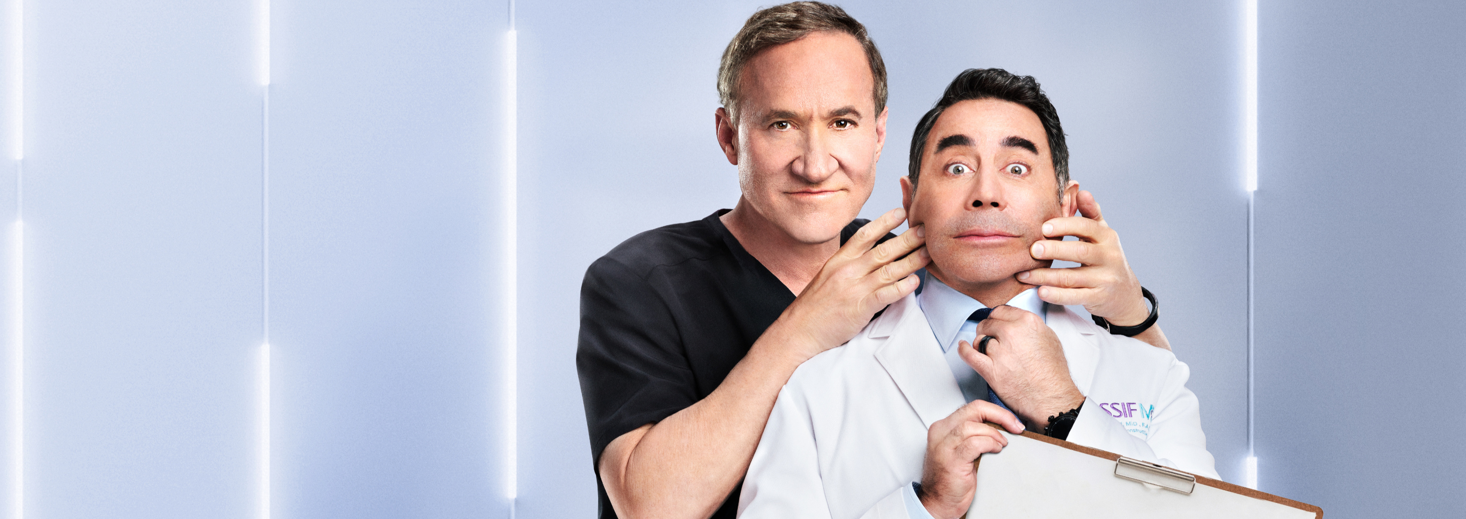 Botched Season 8 studio imagery of the two doctors in a cool blue setting