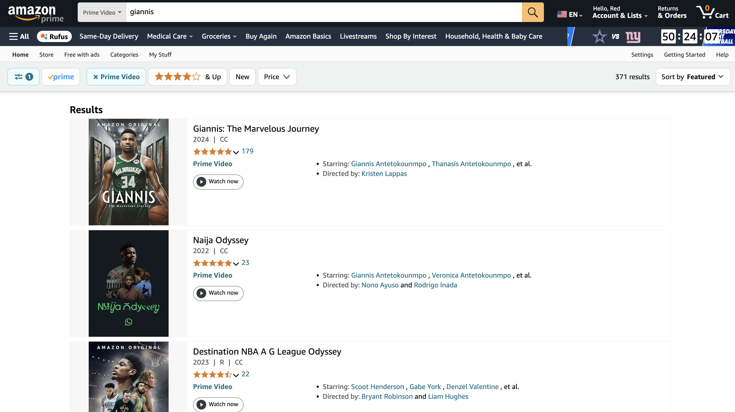 Giannis: The Marvelous Journey featured in Amazon Prime Video search results