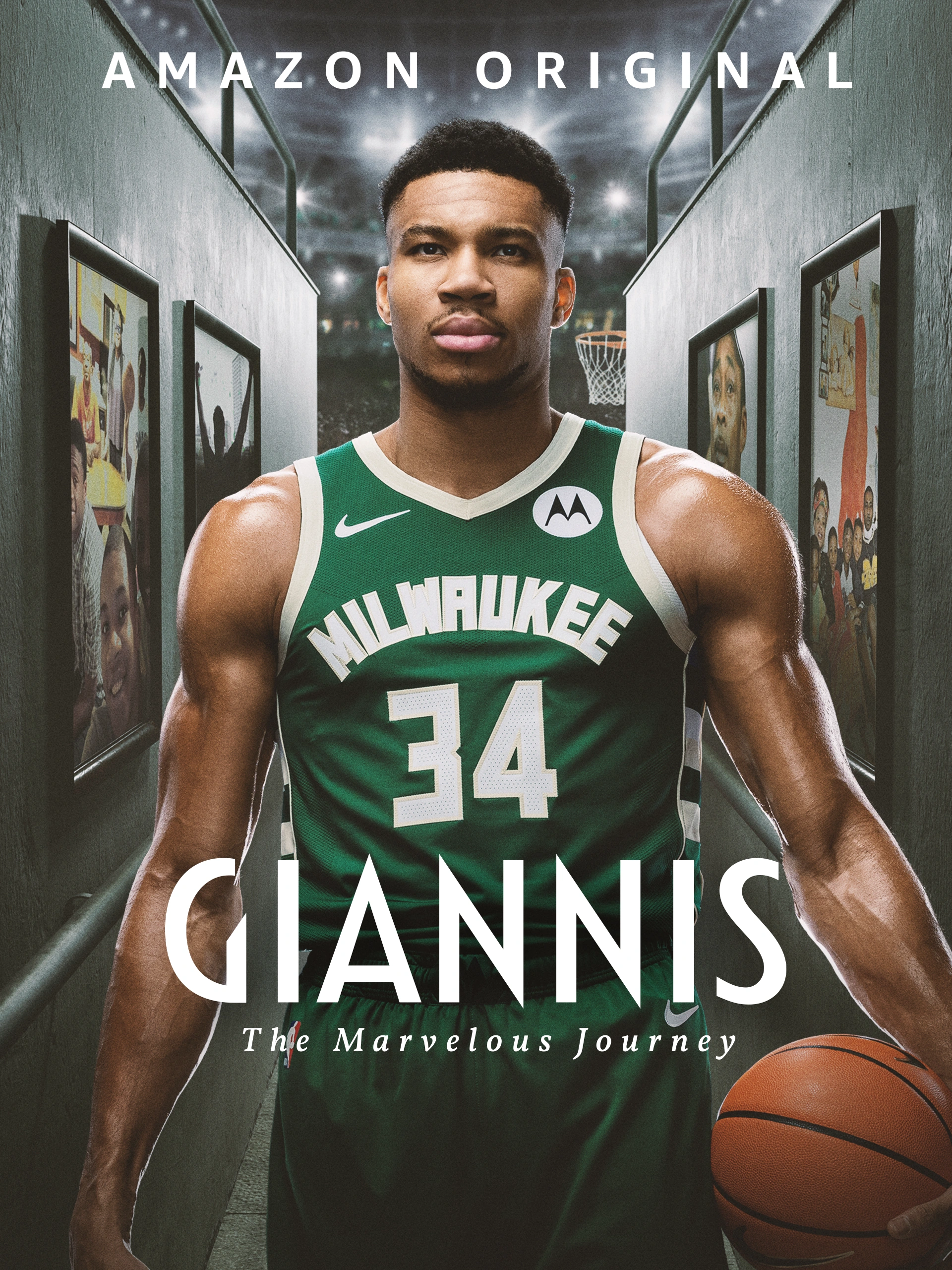 Giannis: The Marvelous Journey vertical campaign poster showing Giannis Antetokounmpo in a dramatic hallway