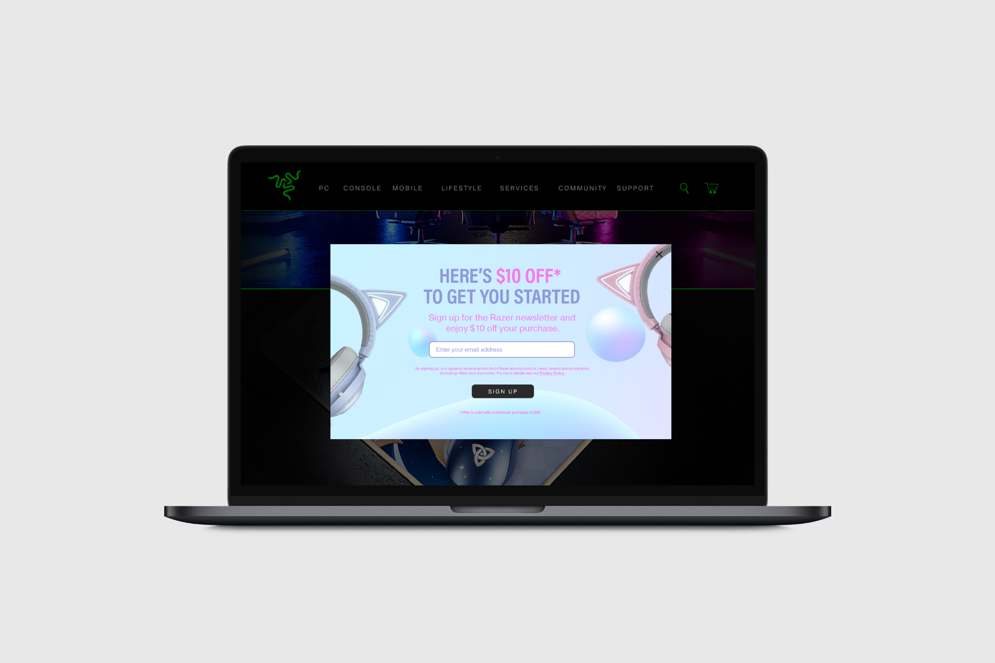 Kraken Kitty newsletter signup campaign shown on a laptop